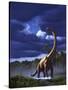 A Startled Brachiosaurus Splashes Through a Swamp Against a Stormy Sky-null-Stretched Canvas
