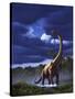 A Startled Brachiosaurus Splashes Through a Swamp Against a Stormy Sky-null-Stretched Canvas