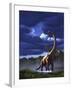 A Startled Brachiosaurus Splashes Through a Swamp Against a Stormy Sky-null-Framed Art Print