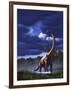 A Startled Brachiosaurus Splashes Through a Swamp Against a Stormy Sky-null-Framed Art Print