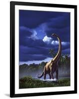 A Startled Brachiosaurus Splashes Through a Swamp Against a Stormy Sky-null-Framed Art Print