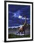 A Startled Brachiosaurus Splashes Through a Swamp Against a Stormy Sky-null-Framed Art Print