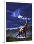 A Startled Brachiosaurus Splashes Through a Swamp Against a Stormy Sky-null-Framed Art Print