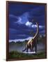 A Startled Brachiosaurus Splashes Through a Swamp Against a Stormy Sky-null-Framed Art Print