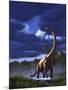 A Startled Brachiosaurus Splashes Through a Swamp Against a Stormy Sky-null-Mounted Art Print