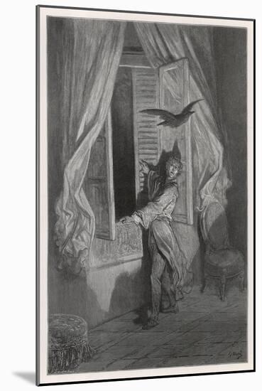 A Stately Raven Flies in Through an Open Window-null-Mounted Art Print