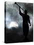 A Statue is Seen against a Cloudy Sky and a Partial Solar Eclipse-null-Stretched Canvas