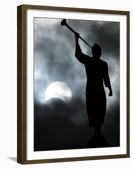 A Statue is Seen against a Cloudy Sky and a Partial Solar Eclipse-null-Framed Premium Photographic Print