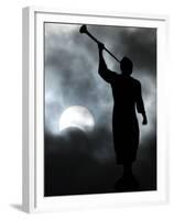 A Statue is Seen against a Cloudy Sky and a Partial Solar Eclipse-null-Framed Premium Photographic Print