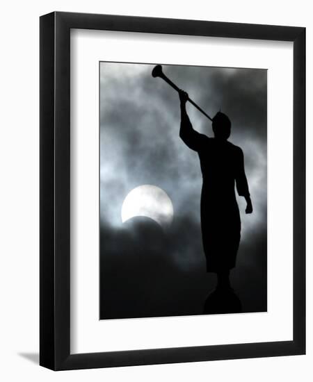A Statue is Seen against a Cloudy Sky and a Partial Solar Eclipse-null-Framed Premium Photographic Print