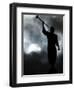 A Statue is Seen against a Cloudy Sky and a Partial Solar Eclipse-null-Framed Premium Photographic Print