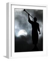 A Statue is Seen against a Cloudy Sky and a Partial Solar Eclipse-null-Framed Photographic Print