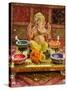 A Statue of a Mythological Elephant God -Ganesha, Surrounded by Traditional Divali Lamps-satel-Stretched Canvas