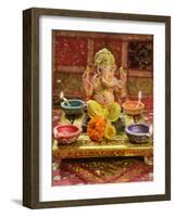 A Statue of a Mythological Elephant God -Ganesha, Surrounded by Traditional Divali Lamps-satel-Framed Photographic Print