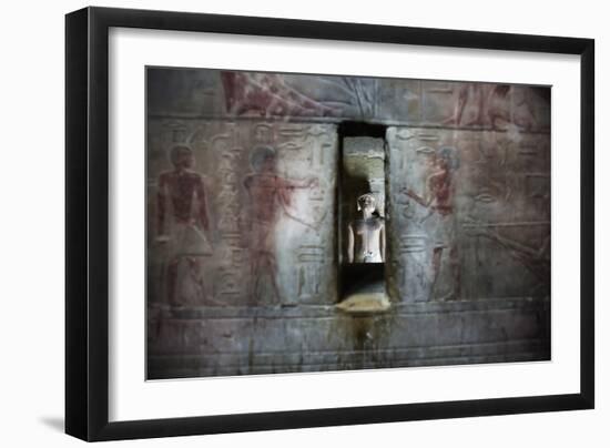 A Statue Through a Window in a Bas Relief Covered Wall in the Tomb of Ti-Alex Saberi-Framed Photographic Print