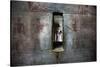 A Statue Through a Window in a Bas Relief Covered Wall in the Tomb of Ti-Alex Saberi-Stretched Canvas