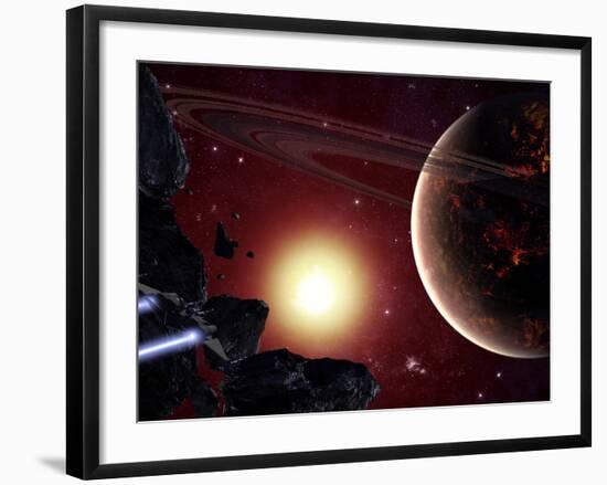 A Stealth Fighter En Route to Hades, a Ringed Planet-Stocktrek Images-Framed Photographic Print