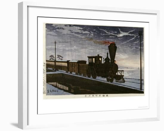 A Steam Locomotive in Hazy Moonlight-Kobayashi Kiyochika-Framed Premium Giclee Print