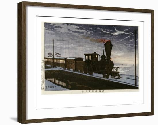 A Steam Locomotive in Hazy Moonlight-Kobayashi Kiyochika-Framed Premium Giclee Print