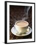 A Steaming Cup of Coffee on Coffee Beans-Peter Sapper-Framed Photographic Print