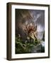 A Stegosaurus Is Surprised by an Allosarous While Feeding in a Lush Gorge-null-Framed Art Print