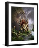 A Stegosaurus Is Surprised by an Allosarous While Feeding in a Lush Gorge-null-Framed Art Print