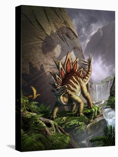 A Stegosaurus Is Surprised by an Allosarous While Feeding in a Lush Gorge-null-Stretched Canvas