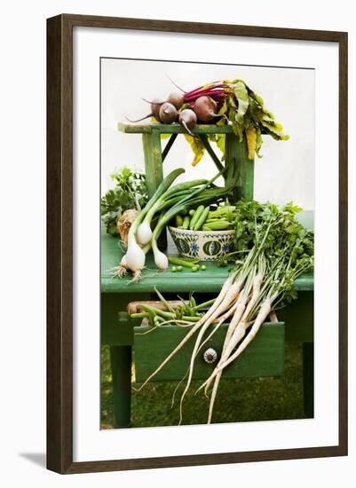 A Still Life Featuring Assorted Fresh Vegetables from the Garden on an Old Green Table-Sabine Löscher-Framed Photographic Print