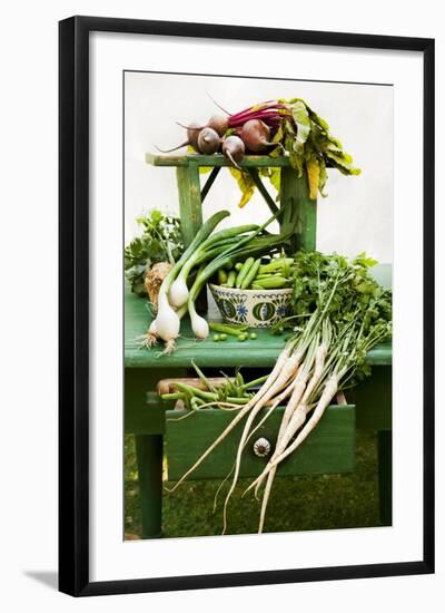 A Still Life Featuring Assorted Fresh Vegetables from the Garden on an Old Green Table-Sabine Löscher-Framed Photographic Print