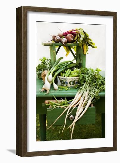 A Still Life Featuring Assorted Fresh Vegetables from the Garden on an Old Green Table-Sabine Löscher-Framed Photographic Print