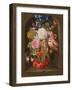 A Still Life of A Corncob, Roses, A Parrot Tulip, Irises, and Other Flowers Suspended from A Blue R-Ernst Stuven-Framed Giclee Print