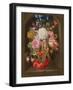 A Still Life of A Corncob, Roses, A Parrot Tulip, Irises, and Other Flowers Suspended from A Blue R-Ernst Stuven-Framed Giclee Print