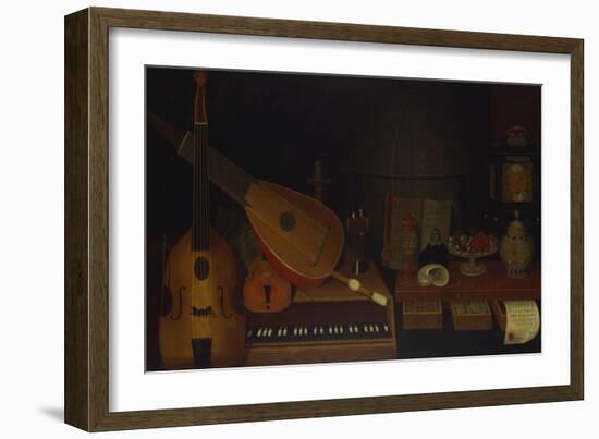 A Still Life of a Large Viol, a Lute, a Violin, a Recorder, and a Harpsichord with a Terrestrial…-Jon Arnold-Framed Giclee Print