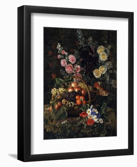 A Still Life of Flowers and a Basket of Fruit-Johan Laurentz Jensen-Framed Premium Giclee Print