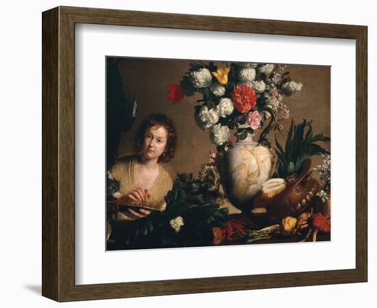 A Still Life of Flowers, Fruit, Vegetables and Seafood on a Ledge-Bernardo Strozzi-Framed Giclee Print