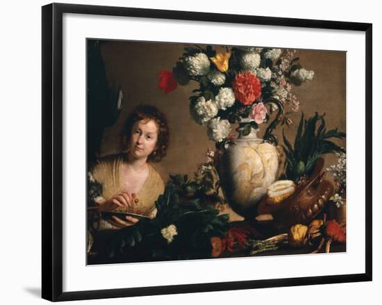 A Still Life of Flowers, Fruit, Vegetables and Seafood on a Ledge-Bernardo Strozzi-Framed Giclee Print