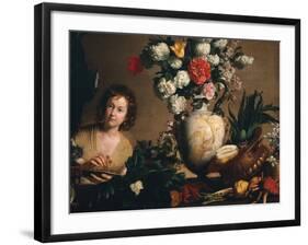 A Still Life of Flowers, Fruit, Vegetables and Seafood on a Ledge-Bernardo Strozzi-Framed Giclee Print