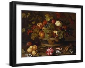 A Still Life of Grapes, Apples, a Peach and Plums in a Basket with Lily of the Valley, a…-Balthasar van der Ast-Framed Giclee Print