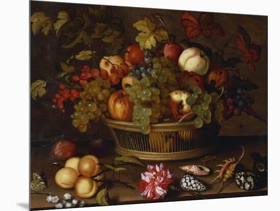 A Still Life of Grapes, Apples, a Peach and Plums in a Basket with Lily of the Valley, a…-Balthasar van der Ast-Mounted Giclee Print