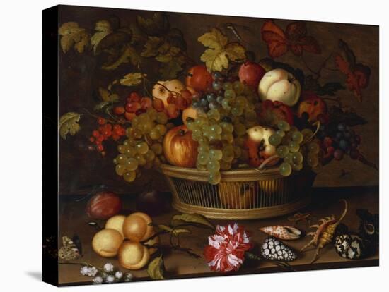A Still Life of Grapes, Apples, a Peach and Plums in a Basket with Lily of Valley-Balthasar van der Ast-Stretched Canvas
