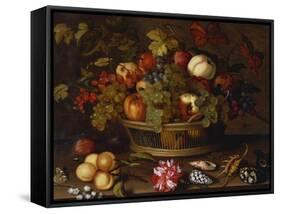 A Still Life of Grapes, Apples, a Peach and Plums in a Basket with Lily of Valley-Balthasar van der Ast-Framed Stretched Canvas