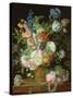 A Still Life of Roses, Tulips, Carnations, Stocks and Other Flowers in a Decorative Urn, Resting On-Jean-Louis Prevost-Stretched Canvas