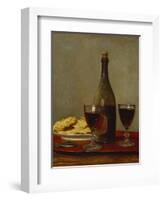 A Still Life of Two Glasses of Red Wine, a Bottle of Wine, a Corkscrew and a Plate of Biscuits on…-Albert Anker-Framed Premium Giclee Print