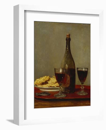 A Still Life of Two Glasses of Red Wine, a Bottle of Wine, a Corkscrew and a Plate of Biscuits on…-Albert Anker-Framed Premium Giclee Print