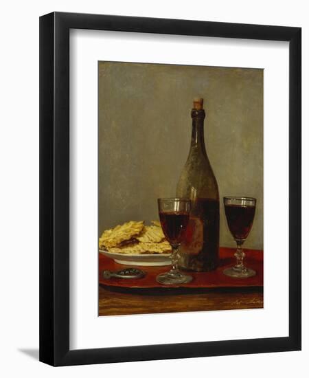 A Still Life of Two Glasses of Red Wine, a Bottle of Wine, a Corkscrew and a Plate of Biscuits on…-Albert Anker-Framed Giclee Print