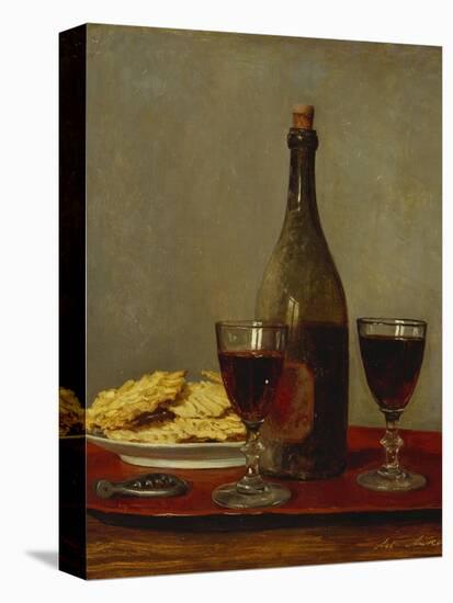 A Still Life of Two Glasses of Red Wine, a Bottle of Wine, a Corkscrew and a Plate of Biscuits on…-Albert Anker-Stretched Canvas