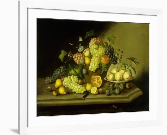 A Still Life with a Basket of Grapes and Mixed Fruit on a Stone Ledge-Johann Georg Seitz-Framed Giclee Print