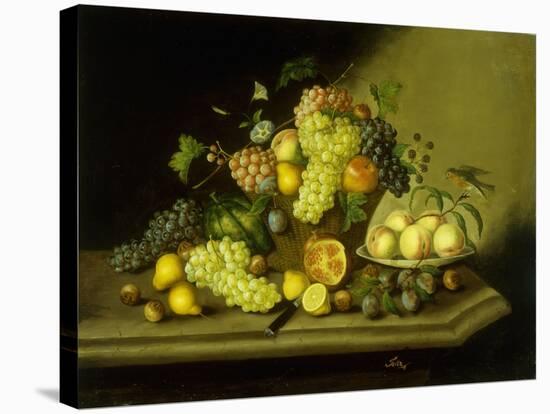 A Still Life with a Basket of Grapes and Mixed Fruit on a Stone Ledge-Johann Georg Seitz-Stretched Canvas