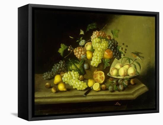 A Still Life with a Basket of Grapes and Mixed Fruit on a Stone Ledge-Johann Georg Seitz-Framed Stretched Canvas