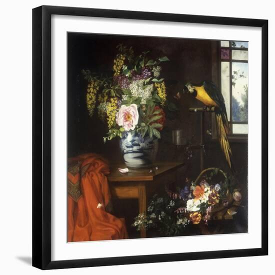 A Still Life with a Blue and White Porcelain Vase of Assorted Flowers-Olaf August Hermansen-Framed Giclee Print